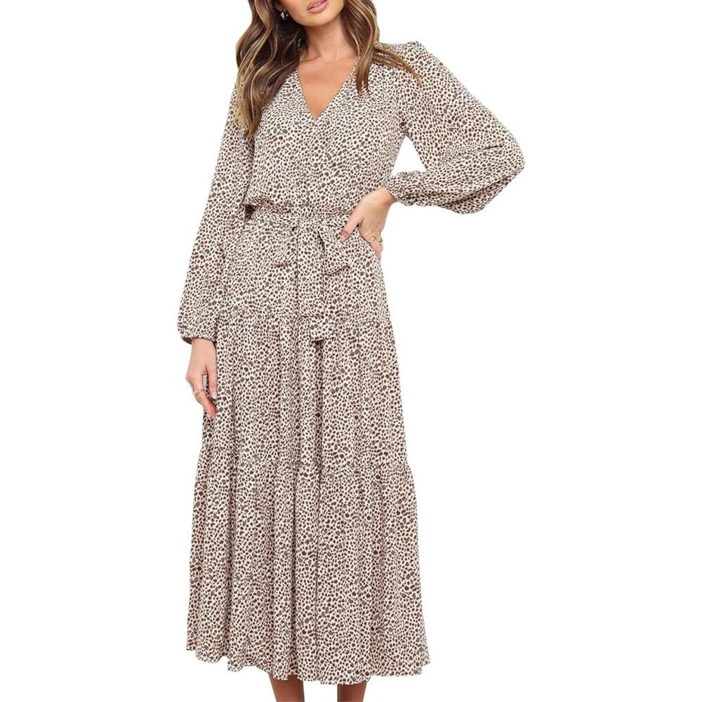 PrettyGarden Women Apricot Polyester V Neck Long Sleeve Ruffle Floral Maxi Dress